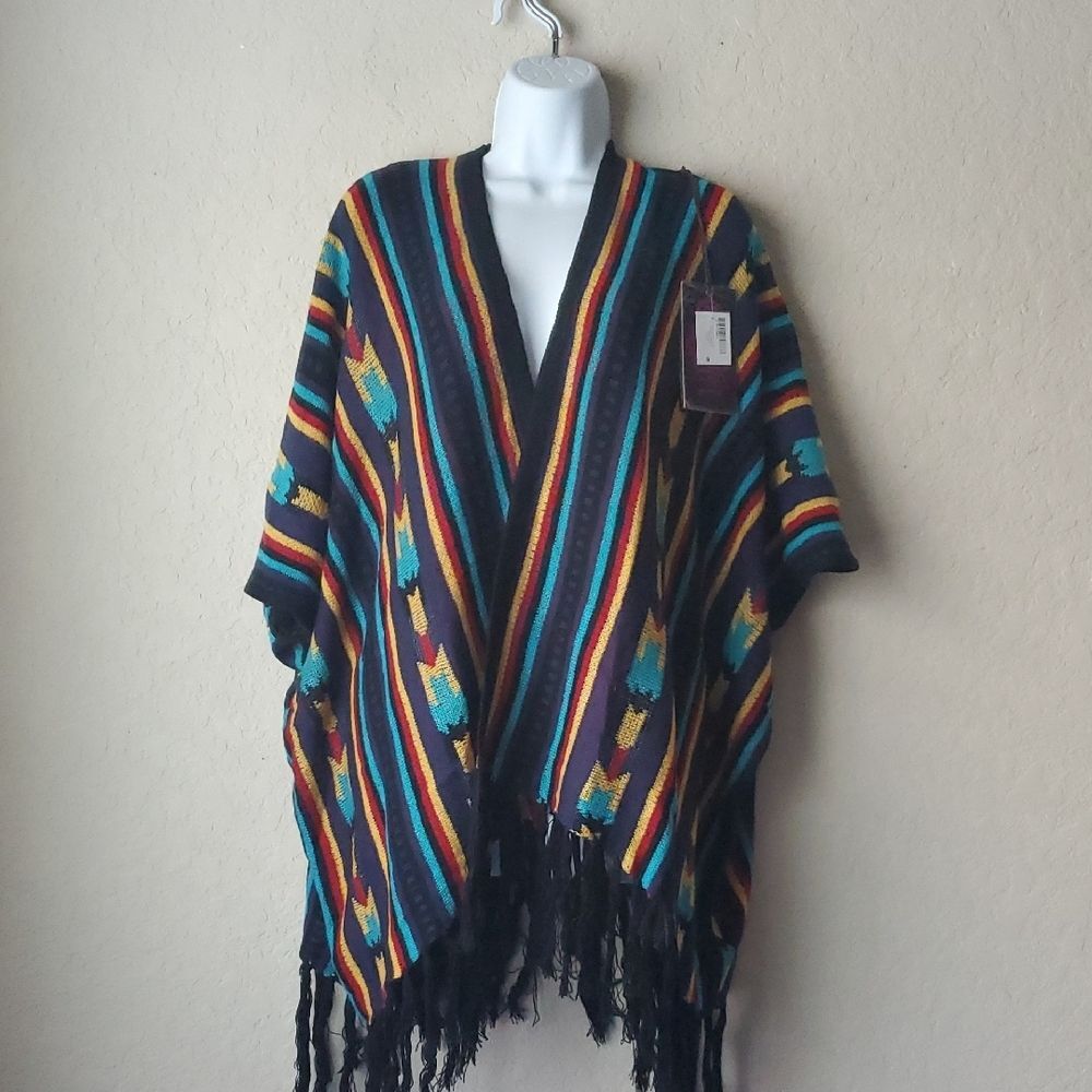 NWT Rock & Roll Cowgirl Striped Poncho Fringe Southwest Aztec Shawl Cape OS